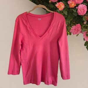 THREE DOTS Coral Red Deep V-Neck Long Sleeve Combed Cotton Tee L/XL